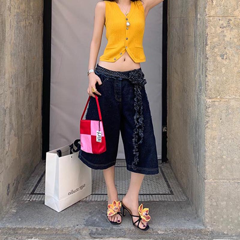 Trendy and Stylish Niche Raw Denim Frayed Wide-Leg Straight Cropped Jeans 2026 Summer New Fashion