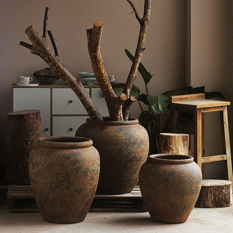 Jingdezhen Retro Nostalgic Ceramic Large Round Jar Vase for Homestay, Club, Hotel, Restaurant Decoration, Rustic Ceramic Floor-Standing Ornament
