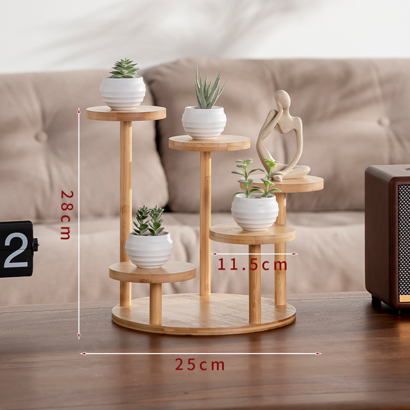 ラベル付き天然竹製植物スタンド、デスクトップ多層フラワースタンド、リビングルームオフィスフラワーポットスタンド、北欧スタイル|undefined