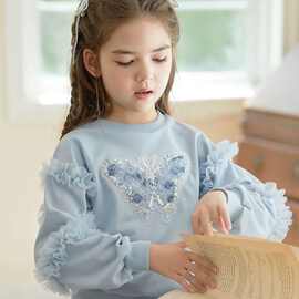 秋冬季童装女童卫衣花边中大童长袖网纱木耳边公主小女孩洋气