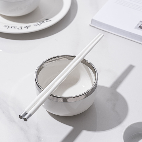 Ceramic chopsticks for one person, one chopstick, easy to clean, silver copper head with blessing character, black and white, simple household, high-looking, 5 pairs gift box