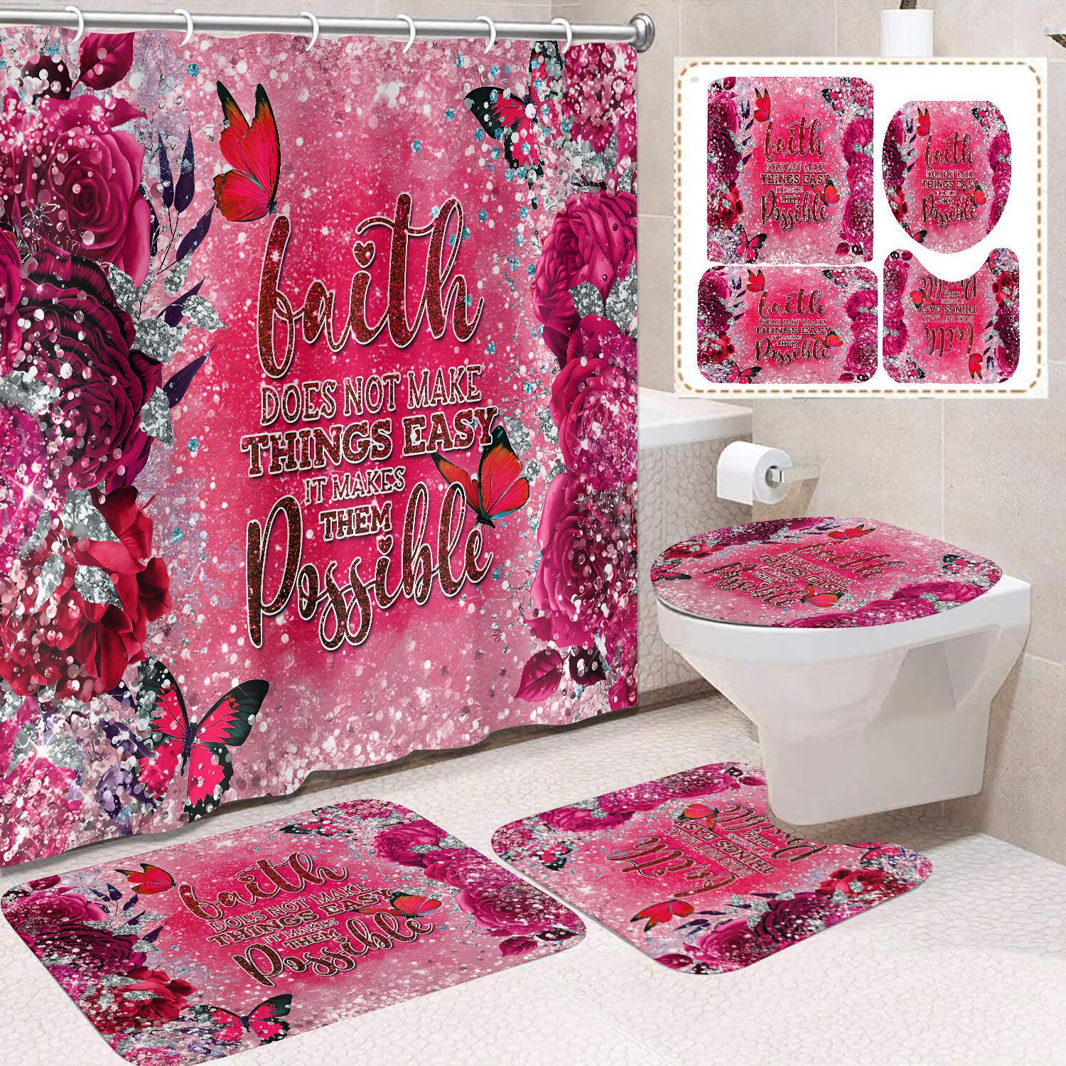 Transfronterizo Amazon cortina de ducha de color degradado cortina de baño letra patrón de mariposa cortina de ducha impermeable y a prueba de moho image 60