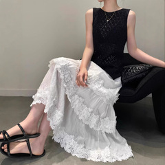 2025南油原创女装夏季法式度假穿搭蕾丝花边亚麻松紧腰蛋糕裙