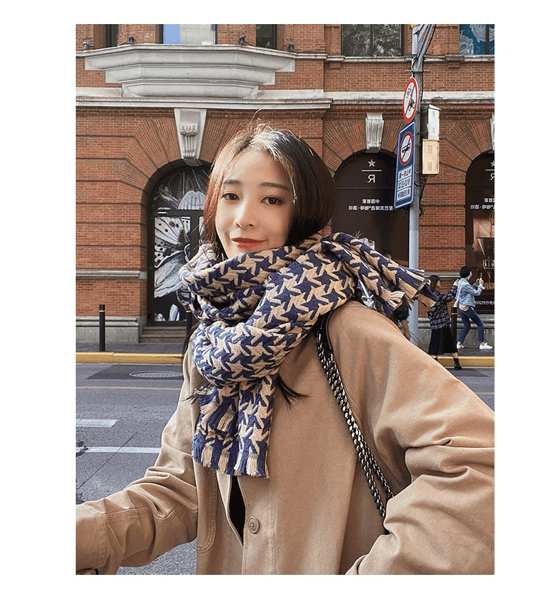 Polyester Material Houndstooth Pattern Women's Retro Houndstooth Polyester Scarf