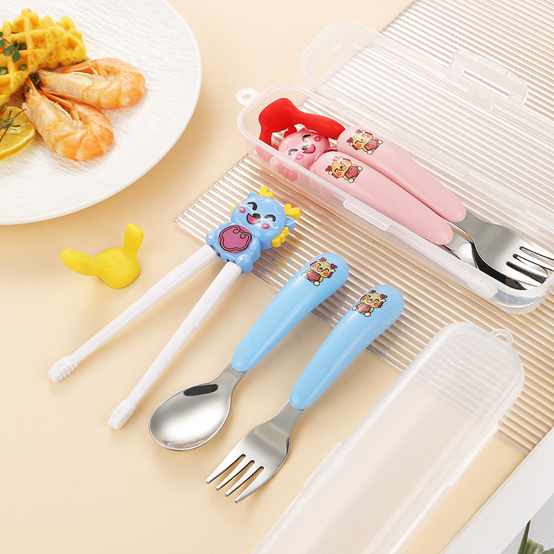 304 스테인레스 스틸 어린이 휴대용 식기 세트 만화 용 스푼 포크 아기 먹는 숟가락 훈련 젓가락