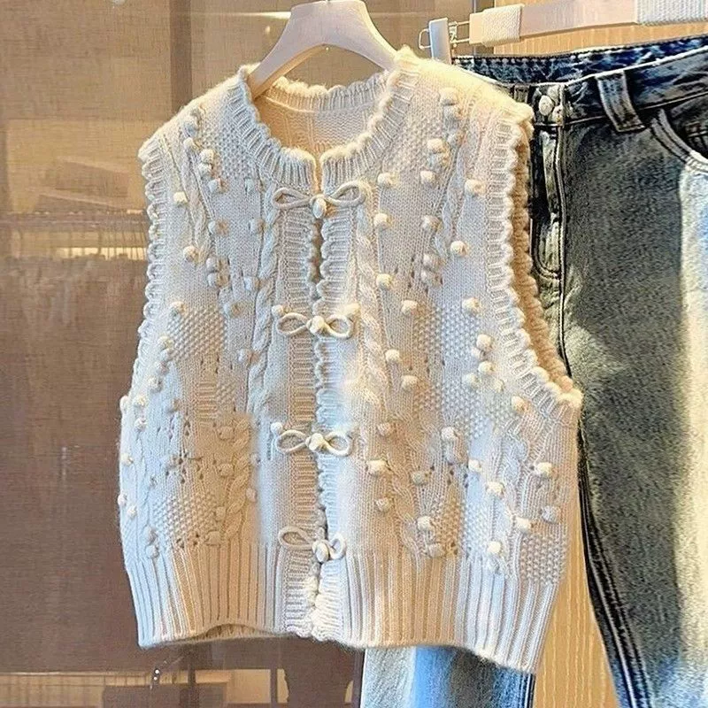 Вязаная зимняя жилетка в китайском стиле, chanel-style, безрукавный свитер, тёмно‑серый/беж, S–3XL