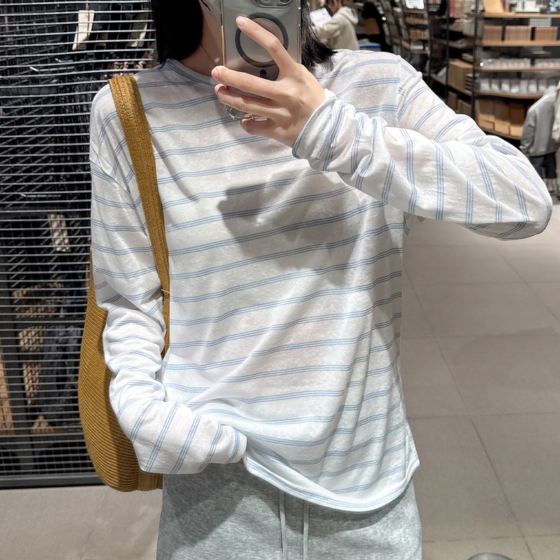 Blue and White Thin Striped Long-Sleeve T-Shirt for Women, 2026 Spring/Summer New Ice Silk Sun Protection Cover-Up, Lazy Style Top Blue and White Thin Striped Long-Sleeve T-Shirt for Women, 2026 Spring/Summer New Ice Silk Sun Protection Cover-Up, Lazy Style Top