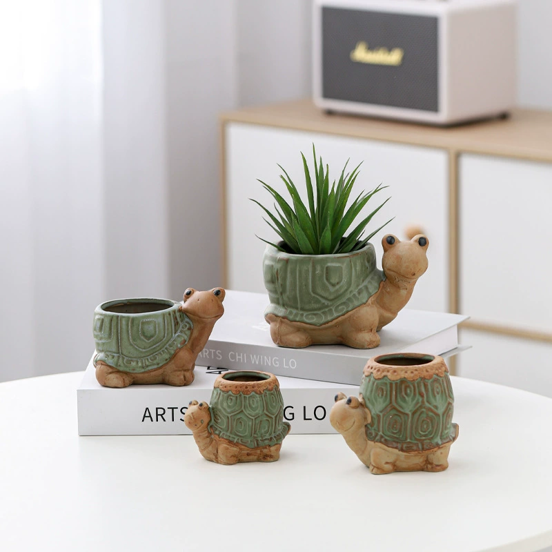 Симпатичные творческие персонализированные маленькие животные черепаха украшения мультфильм трансграничный керамический цветочный горшок мясистый дом K бронзовый зеленый