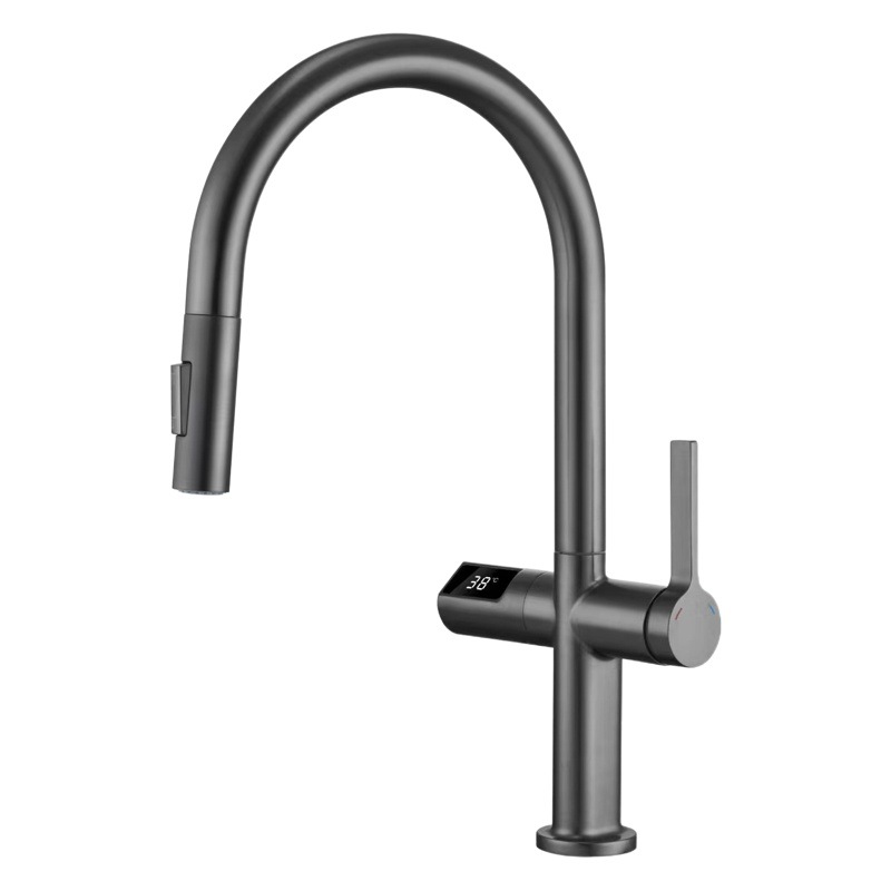 Grifo de cocina extraíble con pantalla digital inteligente, interruptor de sensor infrarrojo, grifo de fregadero gris pistola para fregadero frío y caliente