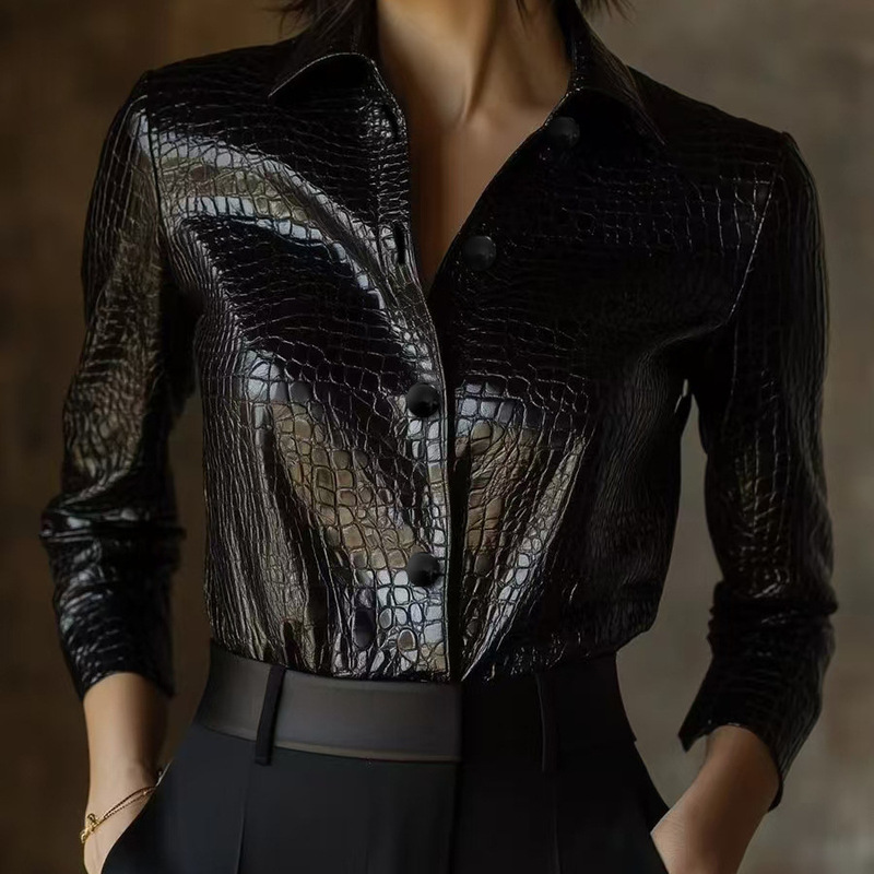 European and American 2025 Cross-Border Amazon Aliexpress New Women's Fashion Long-Sleeved Shirt Crocodile Pattern Pu Leather Top