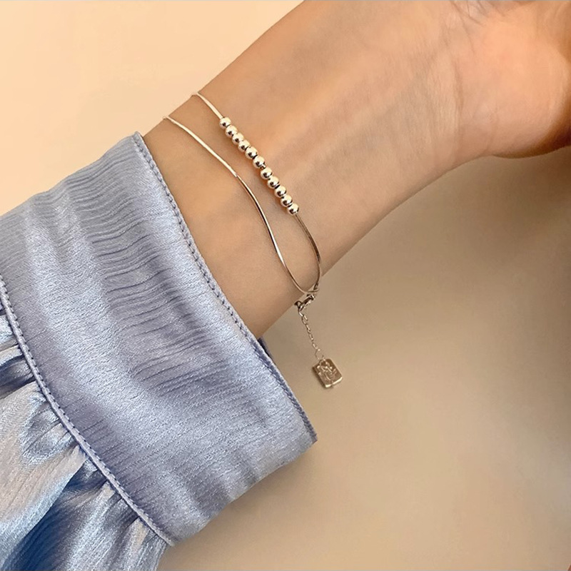 925 sterling silver small beads double-layer snake bone chain bracelet female ins cold style Korean simple niche bracelet 925 sterling silver small beads double-layer snake bone chain bracelet female ins cold style Korean simple niche bracelet