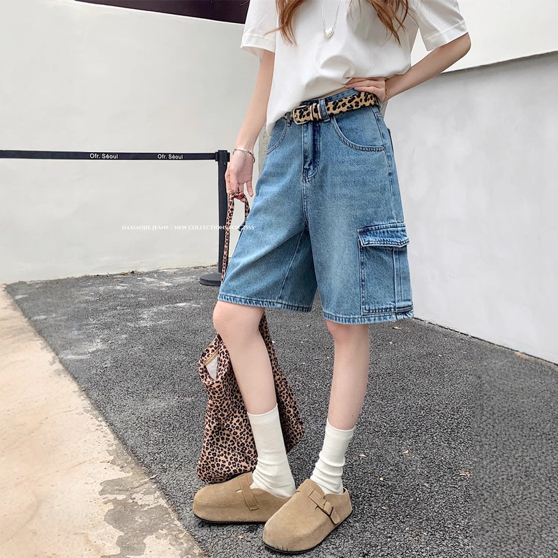 Real Shot 2025 Summer New Women's High Waist Loose Large Pocket Tooling Denim Five-point Straight Wide Leg Pants for Women
