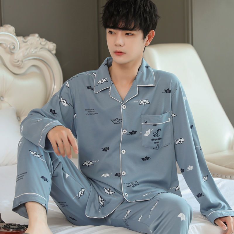 100% algodón de mediana edad de los hombres jóvenes pijamas de los hombres verano primavera y otoño invierno cardigan manga larga papá ropa suelta