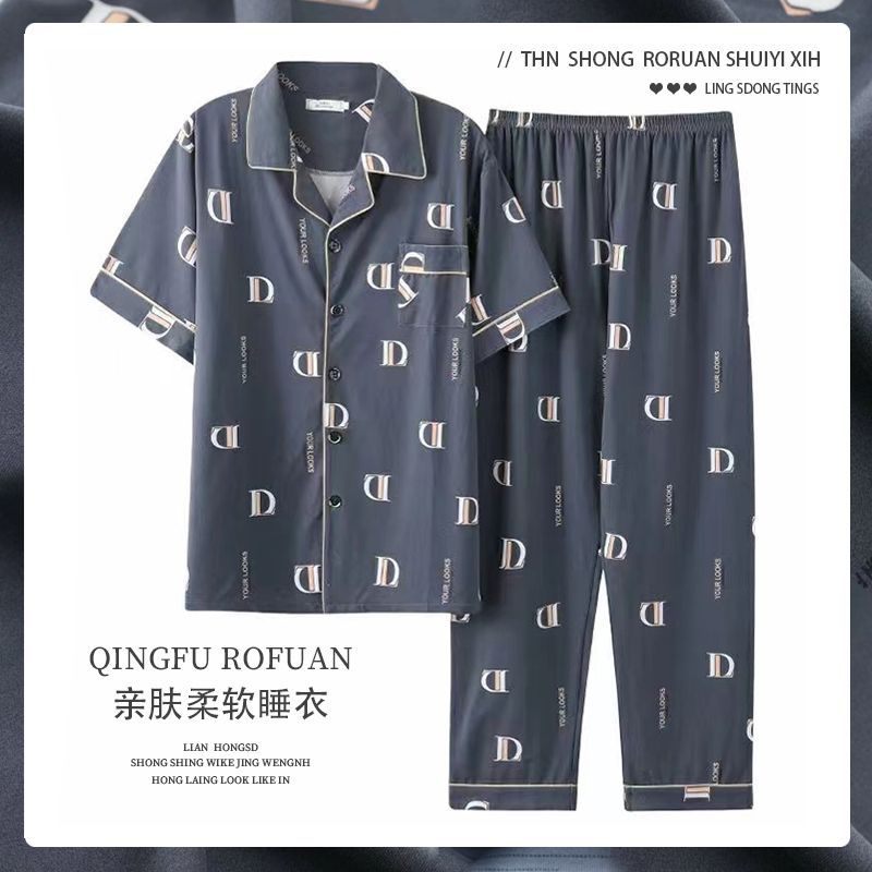 Pijamas de algodón de los hombres de primavera y verano Pantalones delgados de manga corta cardigan niños pueden usar fuera más tamaño homewear de verano