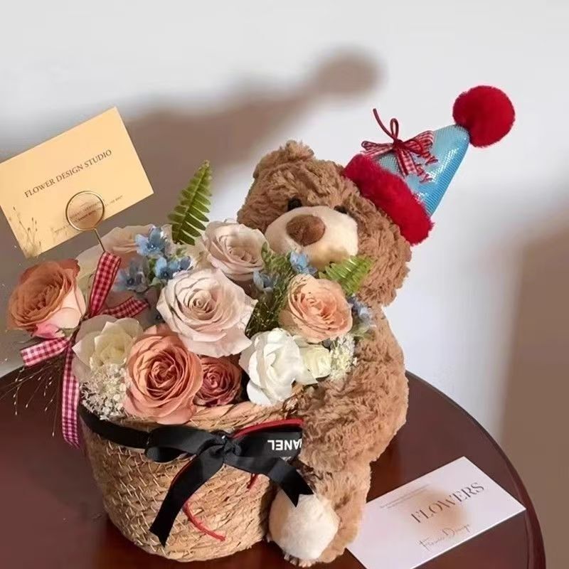 永生花小熊抱抱桶花束礼物生日礼物送女生女友闺蜜见面花束妈妈厂|undefined