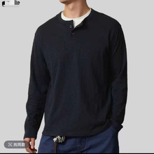 双层领长袖格亨利男感松弛假两件工装百搭t恤慵懒风亨利衫华夫领