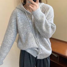 软糯花线连帽开衫2024秋冬季新款针织上衣外套女韩系复古外穿毛衣