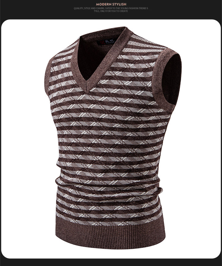 Vêtements pour hommes - Gilet en maille pour hommes - Pull d'hiver/automne ajusté à col en V sans manches - Cardigan décontracté à rayures jacquard pour jeunes_voghion.com