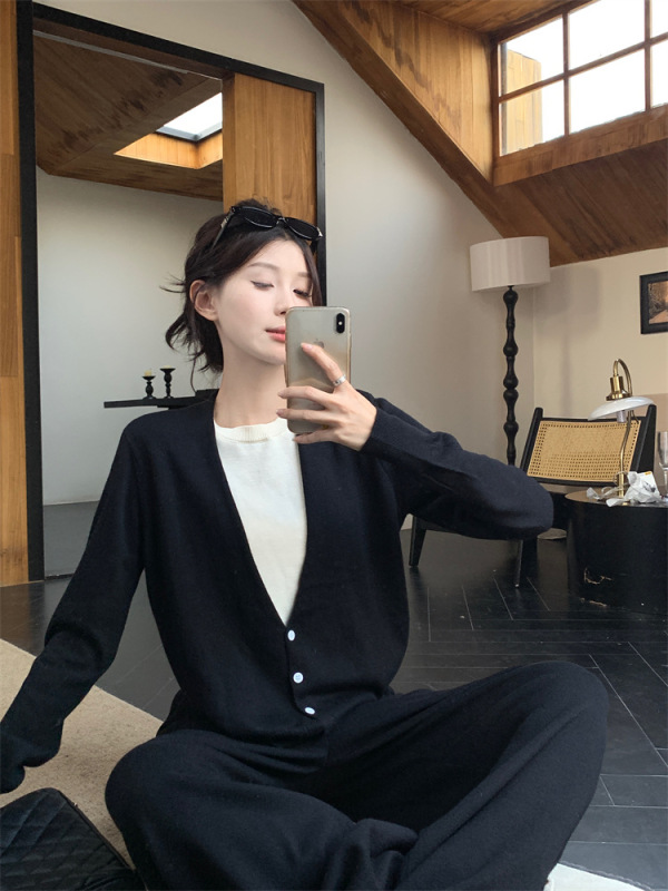 实拍~假两件针织衫女慵懒风开衫毛衣宽松上衣抽绳休闲裤套装88411|undefined