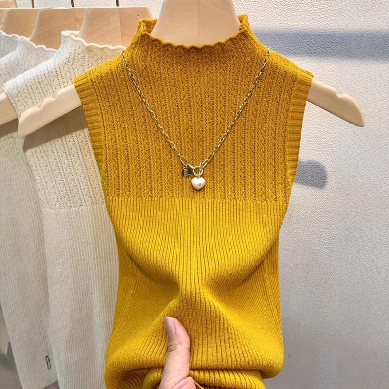 Foreign-style Hollow High-collar Sleeveless Vest Women's New Elegant Knitted Bottoming Short Slim-fit Sweater Top for Autumn and Winter