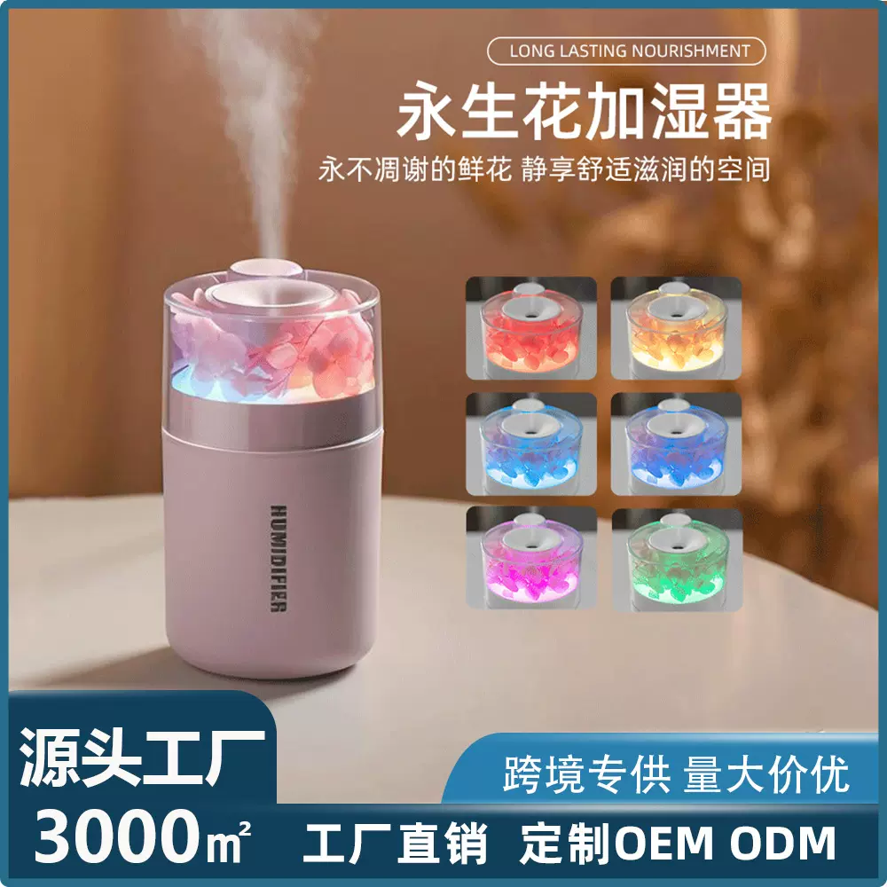 新款跨境永生花加湿器USB便携式补水加湿雾化花朵小巧车载加湿器