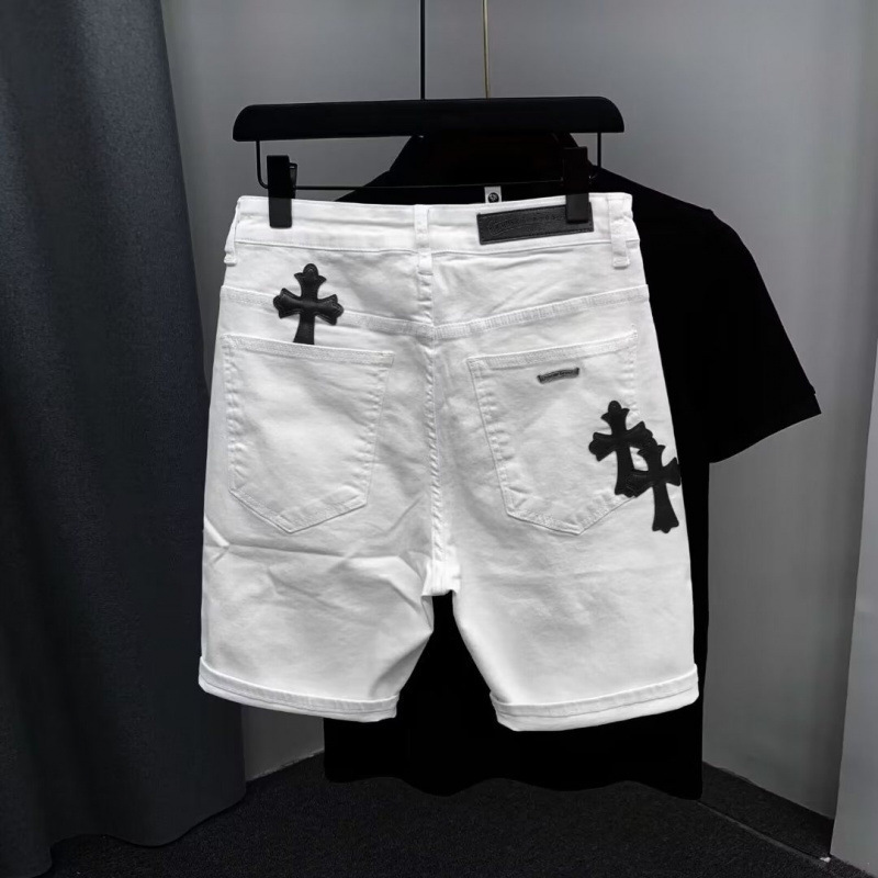 Trendy Men's Cross-Stitched Leather Denim Shorts Summer New Straight Slim Fit Five-Point Shorts