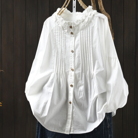 Autumn New Arrival Fungus Llace Collar Cotton White Shirt Women's Loose Long-sleeved Sweet Age-reducing Small Top
