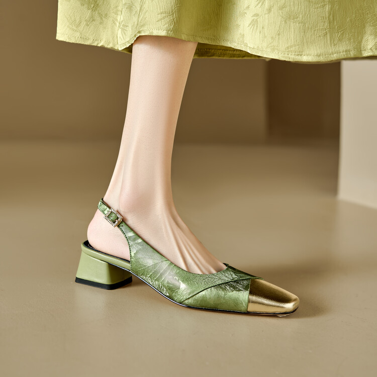 Sandal bít mũi nữ da bò phối màu gót thô 5 cm — Màu xanh lá, Màu mơ chi tiết 43
