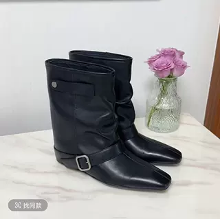 2026秋冬新款复古方头皮带扣堆堆长靴女软皮增高显瘦高筒骑士靴