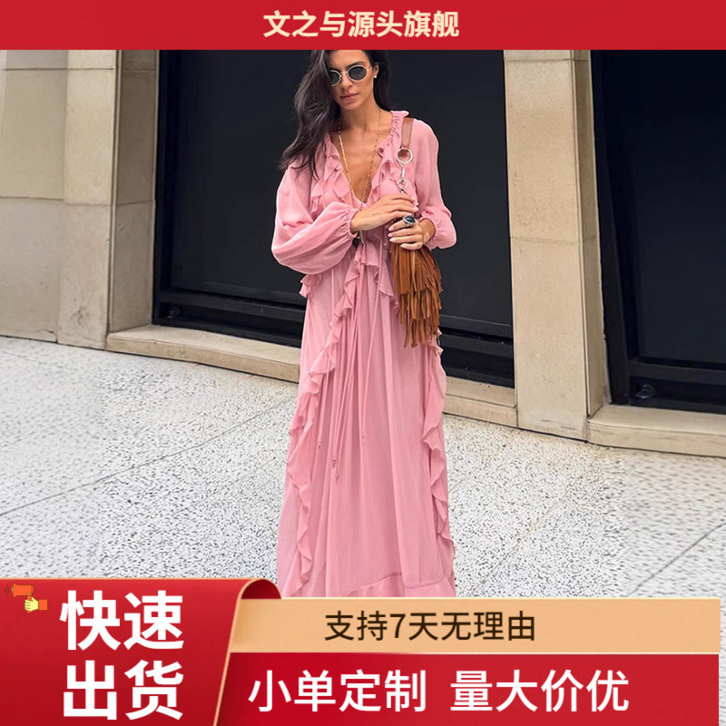 Cross-Border Bohemian Style Pink V-Neck Ruffled Waist Chiffon Long-Sleeved Holiday Dress Women's Summer Long Dress