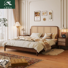 美式复古实木床现代简约小户型双人主卧床网红轻奢家用民宿藤编床