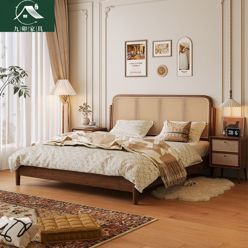 American-Style Retro Solid Wood Bed, Modern Minimalist Small Apartment Double Master Bedroom Bed, Trendy Light Luxury Home Use Guesthouse Rattan Bed American-Style Retro Solid Wood Bed, Modern Minimalist Small Apartment Double Master Bedroom Bed, Trendy Light Luxury Home Use Guesthouse Rattan Bed