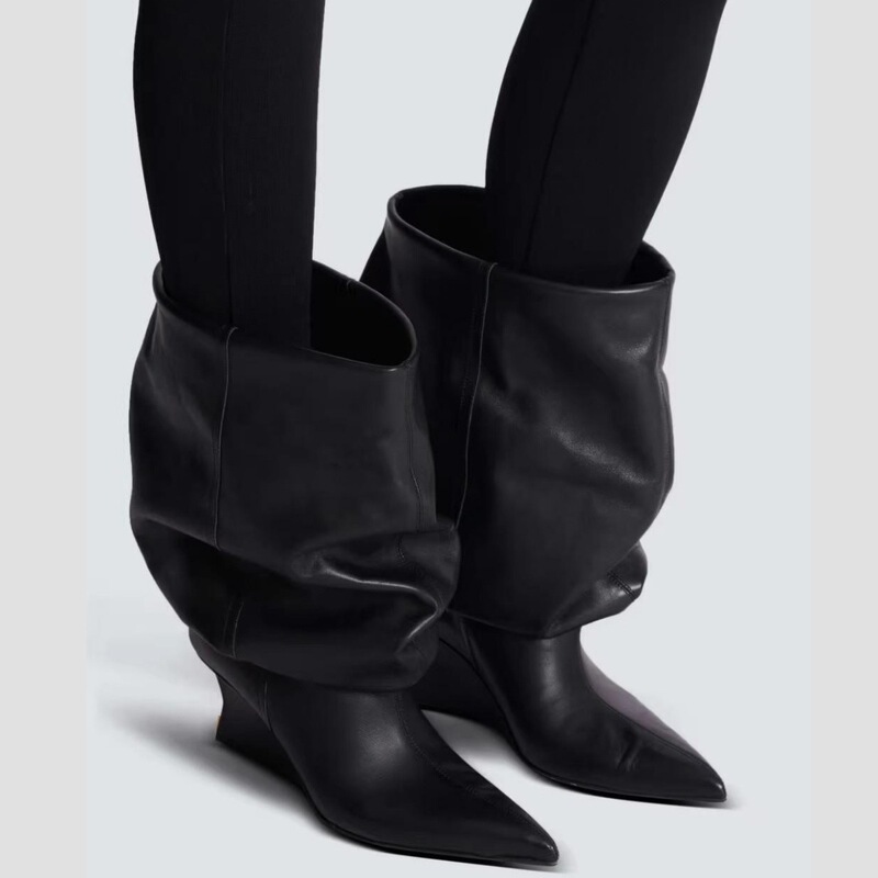 European and American Foreign Trade Cross-Border Pointed-Toe Ruched Slouchy Boots with Wedge Heels, Large Calf Circumference Fashion Boots, Size 45 Large Size Women's Calf Boots