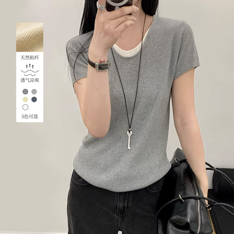 26 Spring and Summer New Korean Style Simple Contrasting Color Rolled Collar Patchwork Knitwear T-Shirt Women's Short-Sleeved Slimming Top Tee