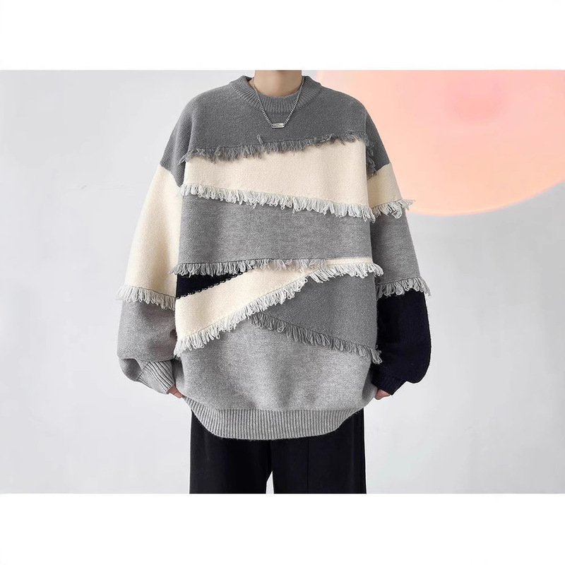 Autumn and Winter Color Matching Sweater Men's Suit Loose Thickened Knitted Sweater Student Matching Handsome Jeans Two-piece Set