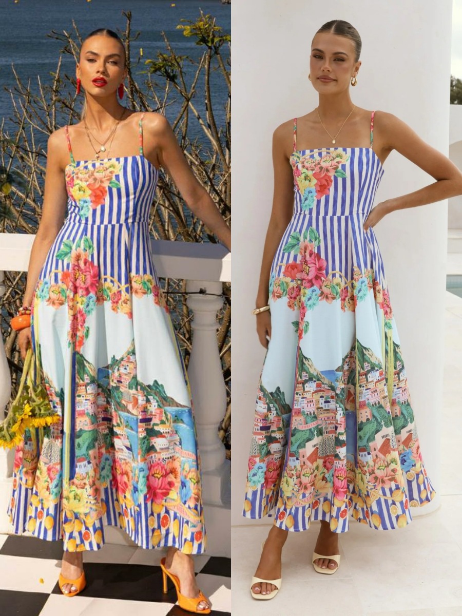 2026 European and American Cross-Border Independent Site Amazon New Dress with Positioning Print A-Line Elegant Strap Dress