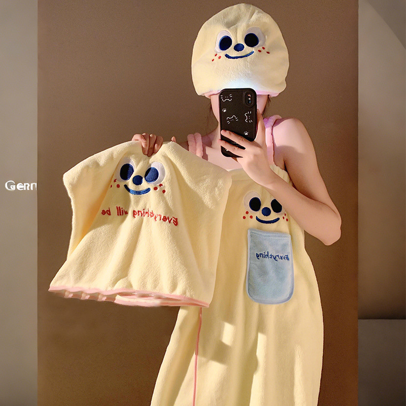 Cute Bath Towel, Bathrobe, Wearable Quick-Drying Bath Skirt, Women's Full-Body Wrap, Home Hair Drying Cap, Dormitory Three-Piece Suit 2025