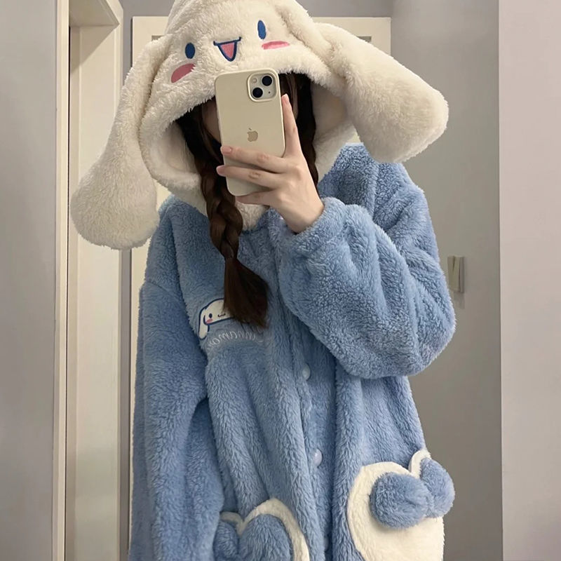 Cute cartoon Laurel Dog pajama Women's Set Winter plus fleece thick coral fleece nightgown flannel homewear