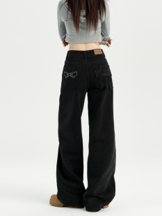 Black Wide-Leg Jeans for Women 2025 Spring New High-Waisted Loose Slimming Lazy Bow Straight Pants