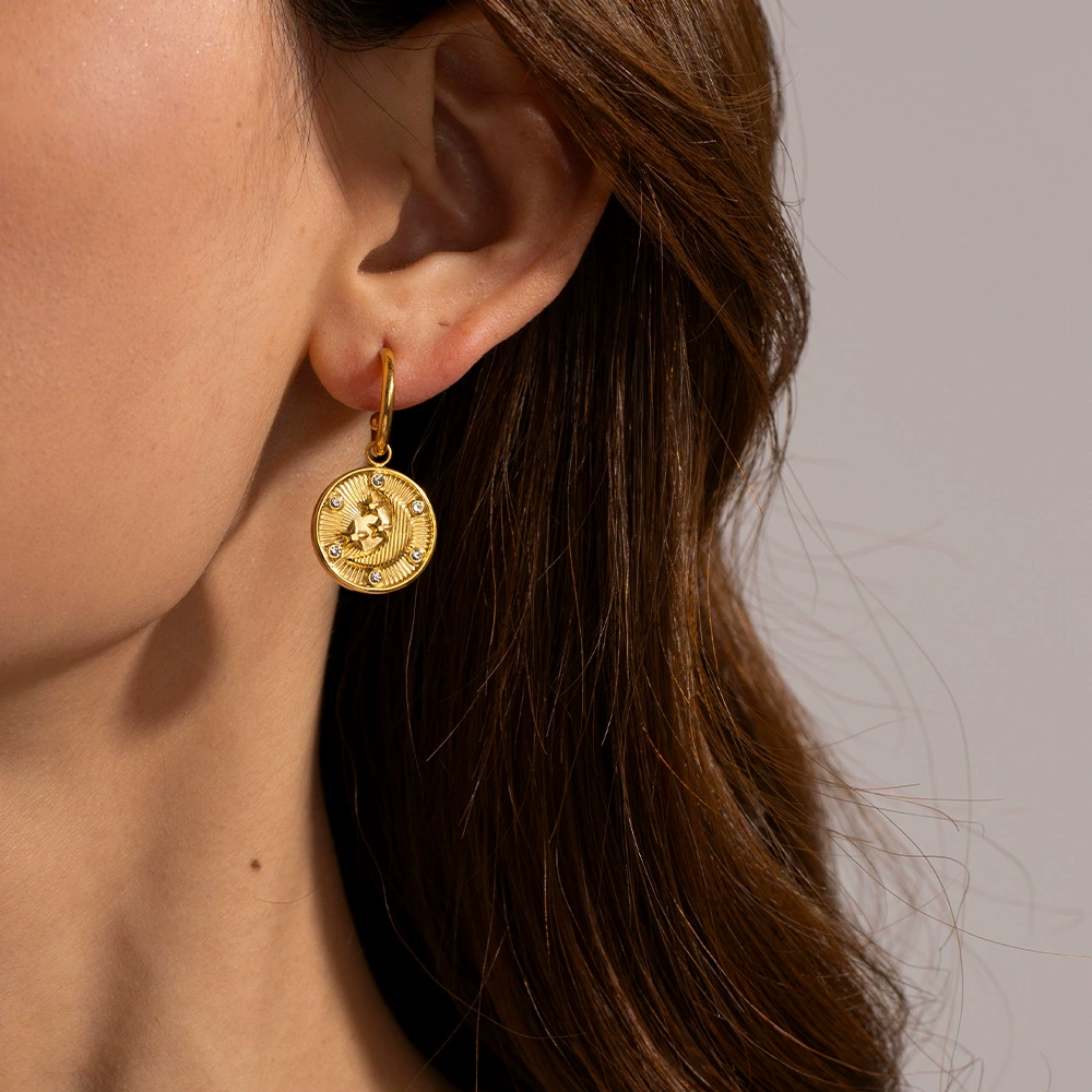 Golden retro earrings stainless steel, European style, 18 carat, wholesale