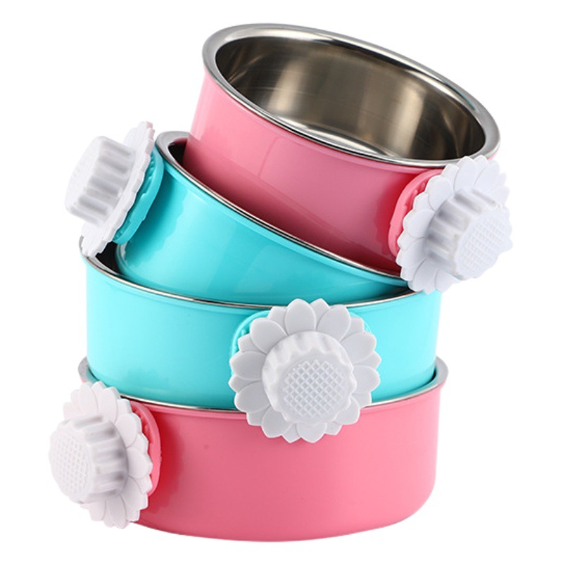 Cuenco colgante de acero inoxidable cuenco colgante transfronterizo suministro directo para mascotas color caramelo tazón de acero inoxidable para perros jaula colgante tazón de comida para gatos para mascotas