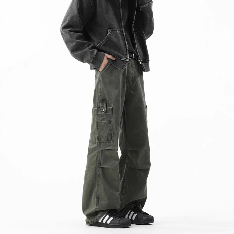 Army Green Pleated Paratrooper Pants Men's Spring American Style High Street Washed Overalls Vintage Loose Logging Casual Pants