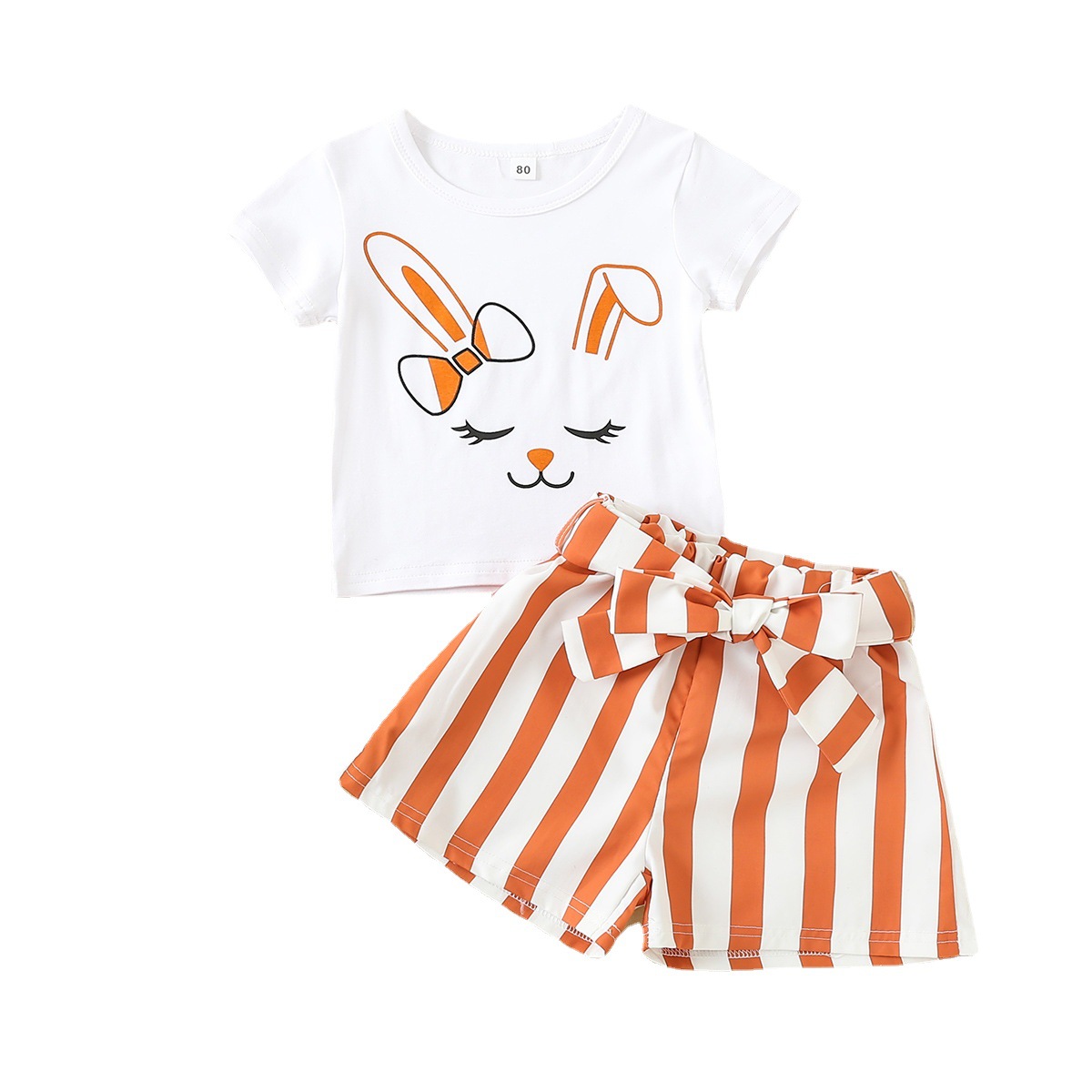 Summer Boys And Girls Suits Trendy Fashion Rabbit White Tops Bow Belts Small Shorts Seaside Children's Suits