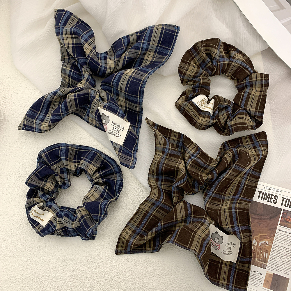 Retro college style light luxury checkered teddy bear large intestine hair tie Maillard square scarf fabric head accessory hair tie