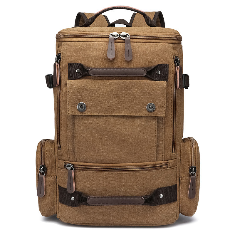 Cross-Border Wholesale Men's Canvas Backpack with Rivets, Men's Student School Bag, Multi-Functional Backpack, Trendy Casual Style