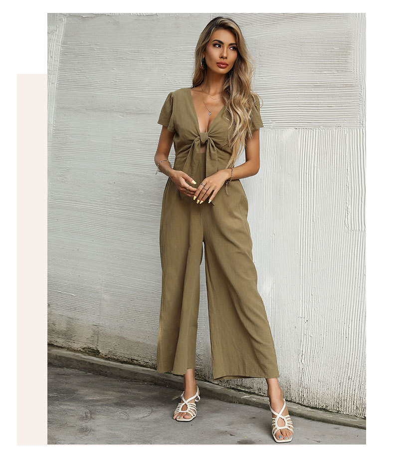 Solid Color Sexy V-Neck Nine-Point Wide-Leg Jumpsuit NSYYF66674