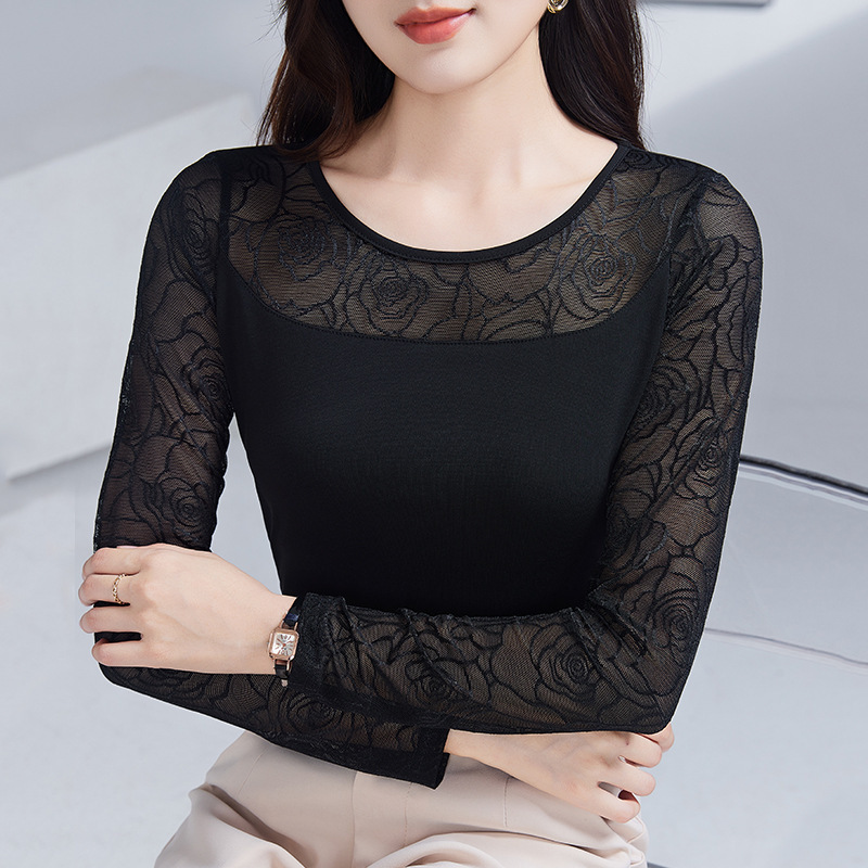 Spring and Autumn New Lace Hook Pattern Splicing Long-Sleeved Bottoming Shirt Round Neck Versatile Slimming Stretch Shirt Women's Top