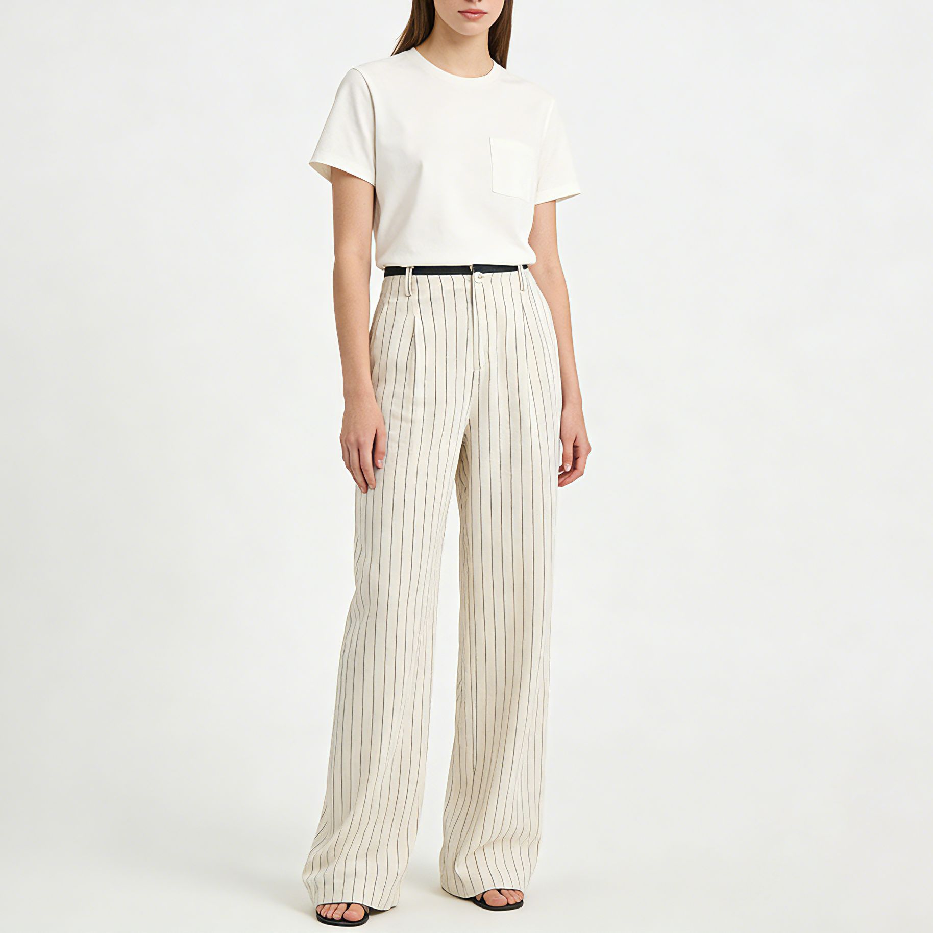 Quần culottes nữ ống rộng vải lanh sọc dọc, cạp cao phối màu, dáng suông thoáng mát — Vải gai sọc chi tiết 3
