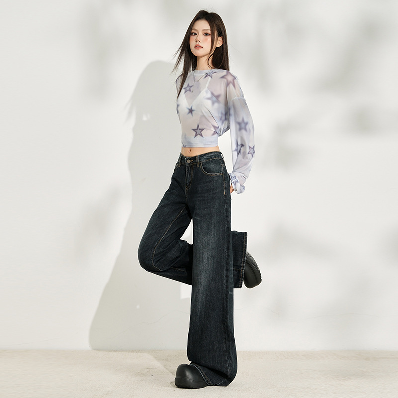 蓝灰色牛仔裤女2025年早秋新款高腰显瘦直筒宽松慵懒风拖地阔腿裤|undefined