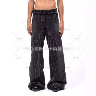 Heavy industry wave ripple do old wash water 2024 new heavy black gray micro horn Denim loose pants